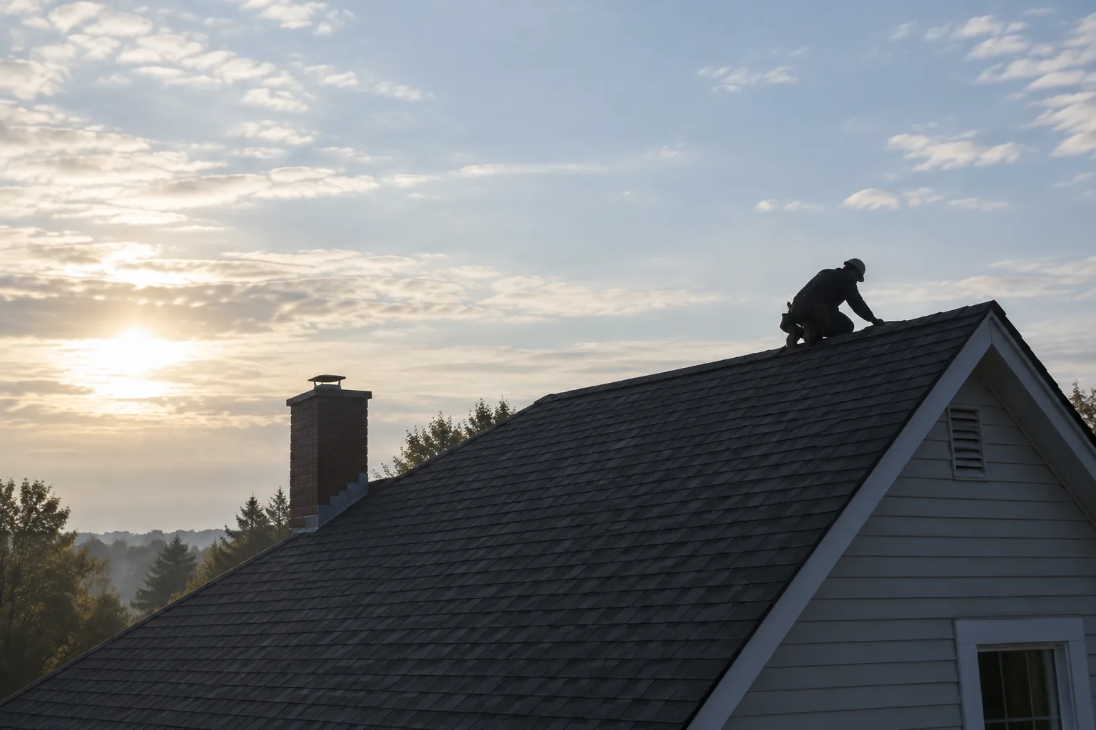 Backlit silhouette of a roofer kneeling near the ridge of a shingle roof.