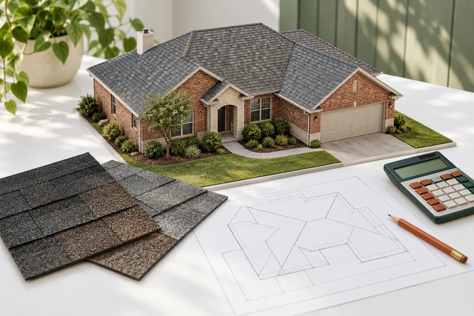 Illustration of a model brick house, shingle samples, roof plan and calculator for budget planning